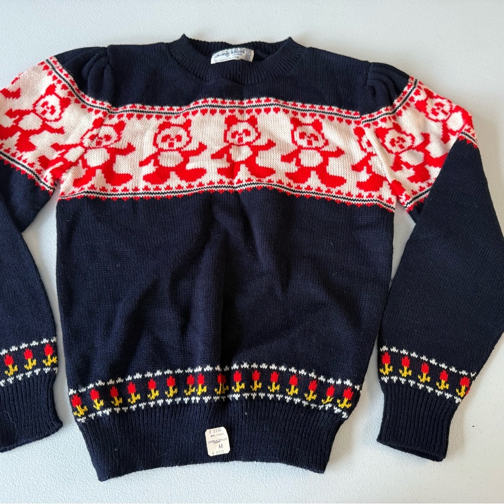 Vintage 90's Jane Adams Sweater Multicolor Floral Teddy Bear Accent Size Medium